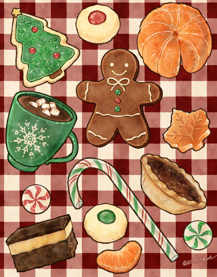 Christmas illustration based on memories of my family baking dainties, 2025
