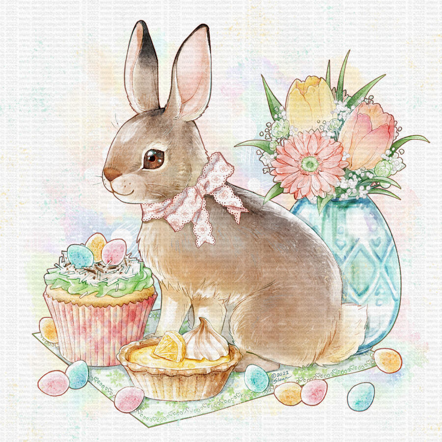 Easter bunny with a bouquet and dainties, 2022