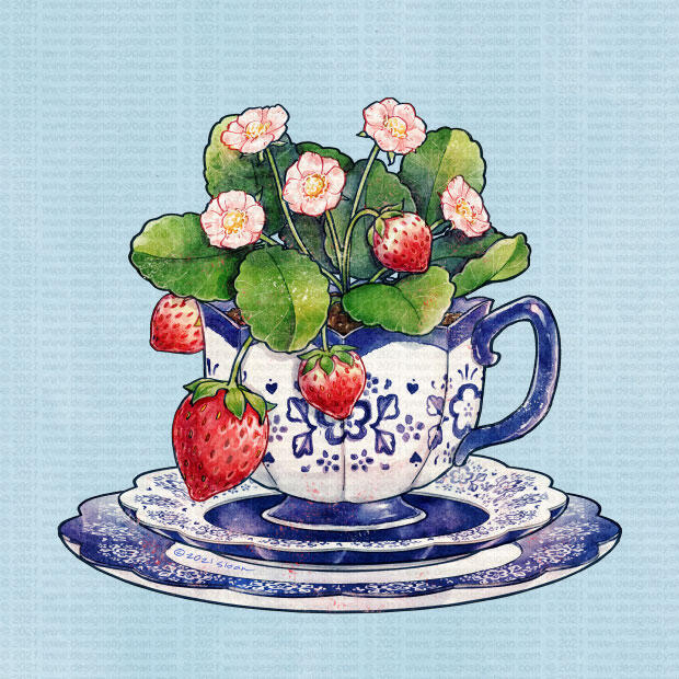 Strawberry tea cup, 2021. Featured artwork on Redbubble 2021 and has been my best seller since!
