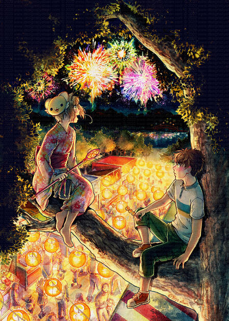 Zine: SyaoSaku "Feathers" zine project. My theme was summer, so I drew them at a Japanese Matsuri (festival). 2020