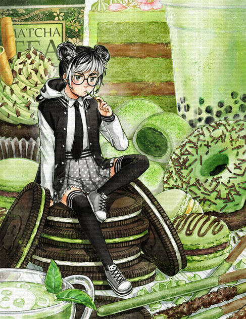 Original: my character Dolce with matcha-flavoured food. 2019-2021